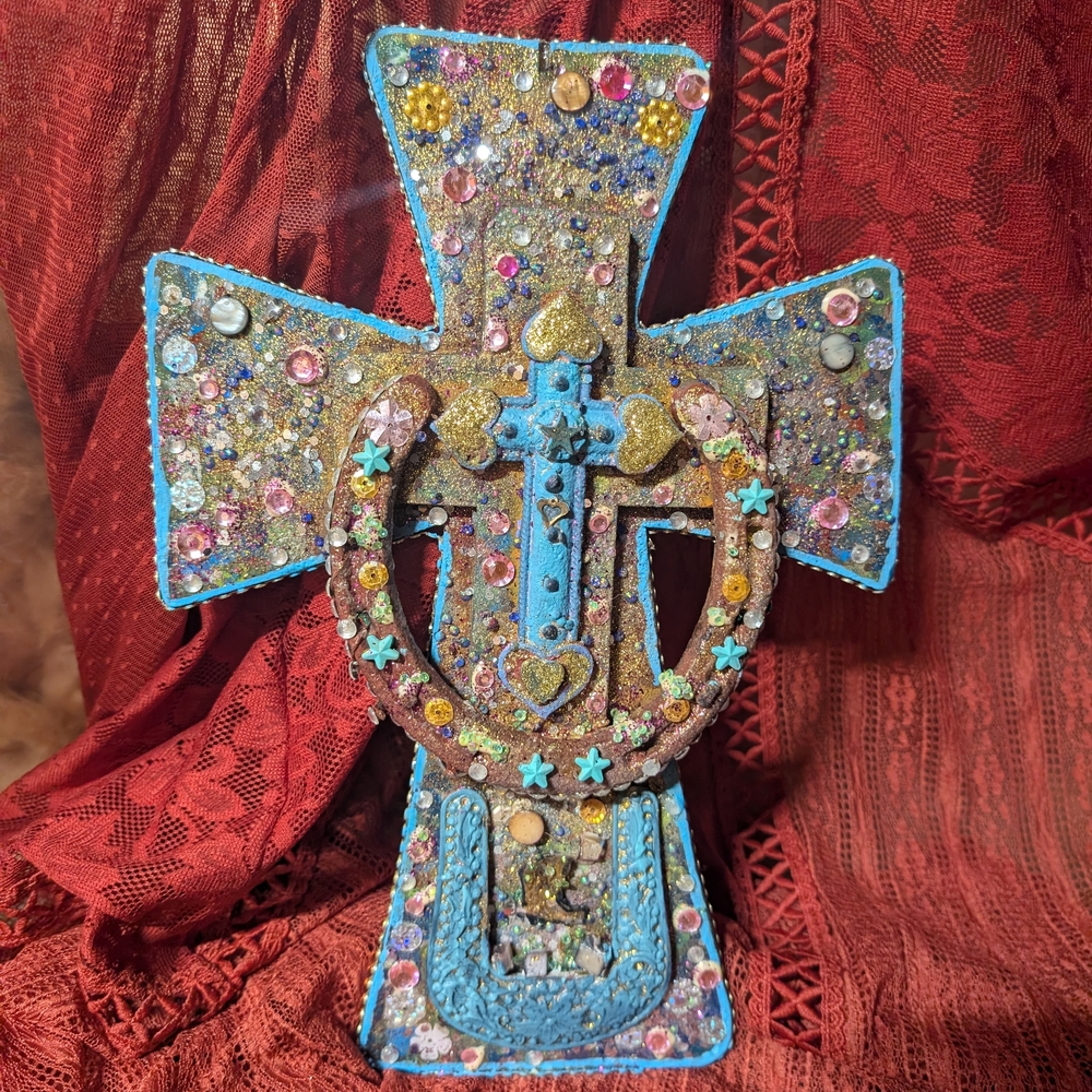 Handcrafted Blue Beaded Cross Wall Art